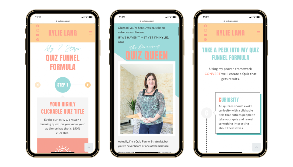 Three smartphone screens showcase a quiz funnel formula website design. The first displays Quiz Funnel Formula steps, the second features a smiling woman, and the third highlights quiz curiosity—ideal inspiration for Essex web design projects.