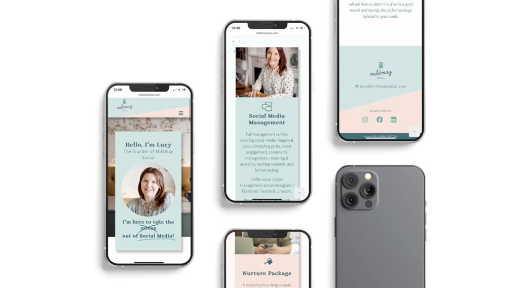 Five mobile phones displaying a website design for a social media management service. The screens show a smiling woman, text about services and packages, and contact information, all in a soft pastel colour scheme.